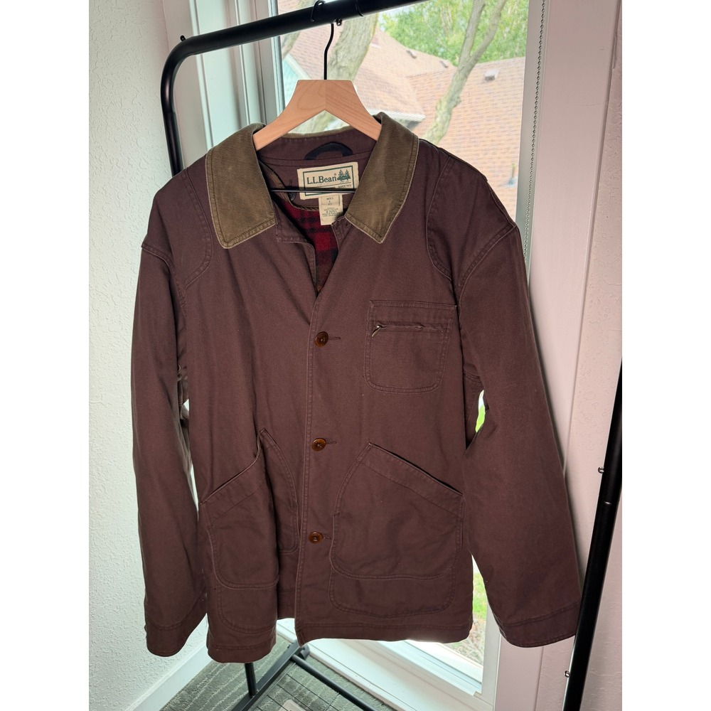 LL Bean Original Field Coat Brown Cotton Canvas Wool Plaid Lined Jacket Mens L